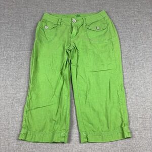 WORN Linen Blend Capri Pants Womens 4 Green Twill Cuffed Pockets Lightweight